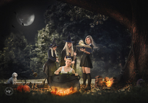 3 witch sisters casting a spell on brother Halloween